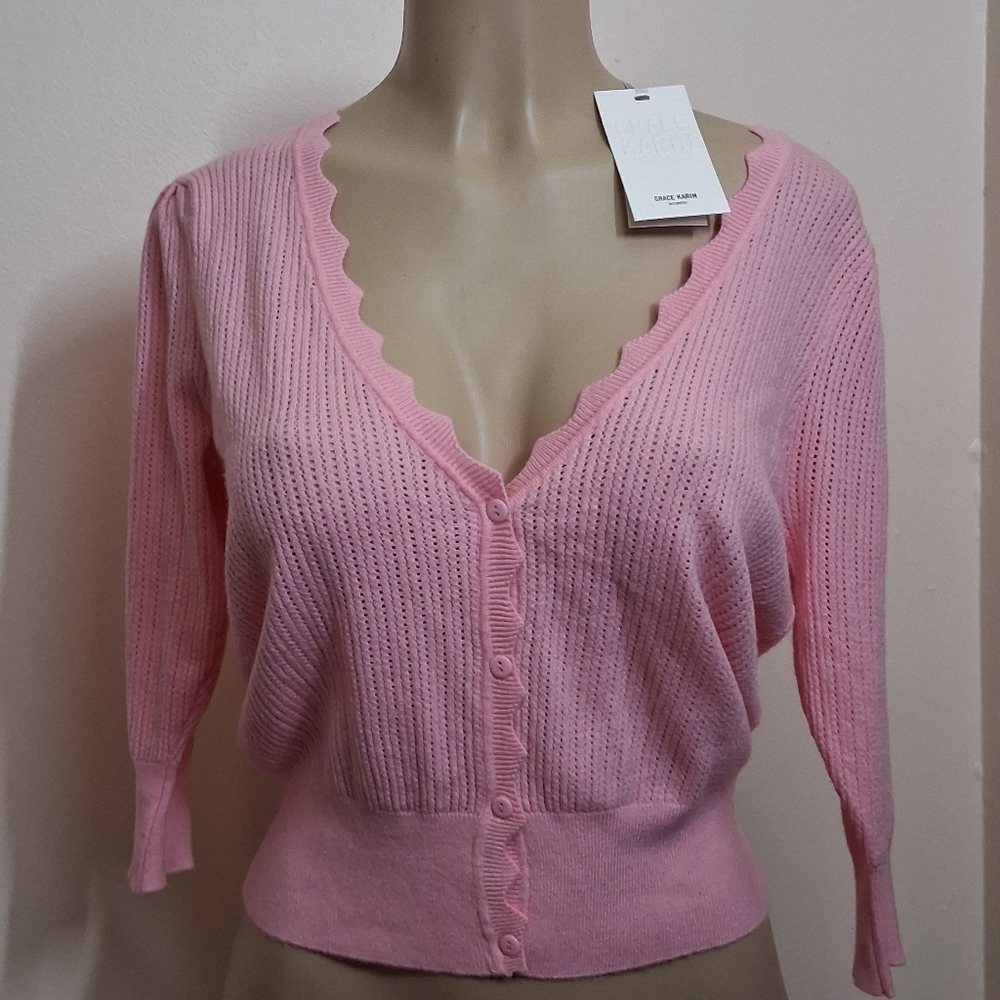 Pink Knit Sweater Top Small Button Down Scalloped Deep V-Neck 3/4 Sleeves Kawaii